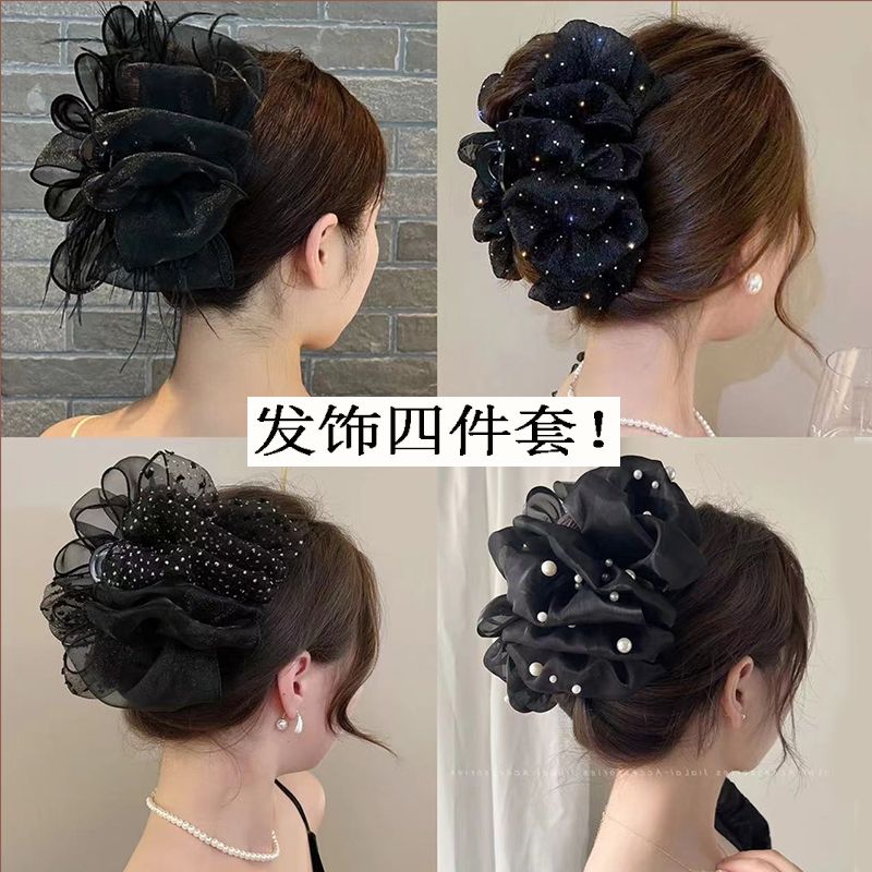 显发量羽毛泡泡纱蝴蝶结发饰品发夹女后脑勺盘发抓夹鲨鱼夹头饰女