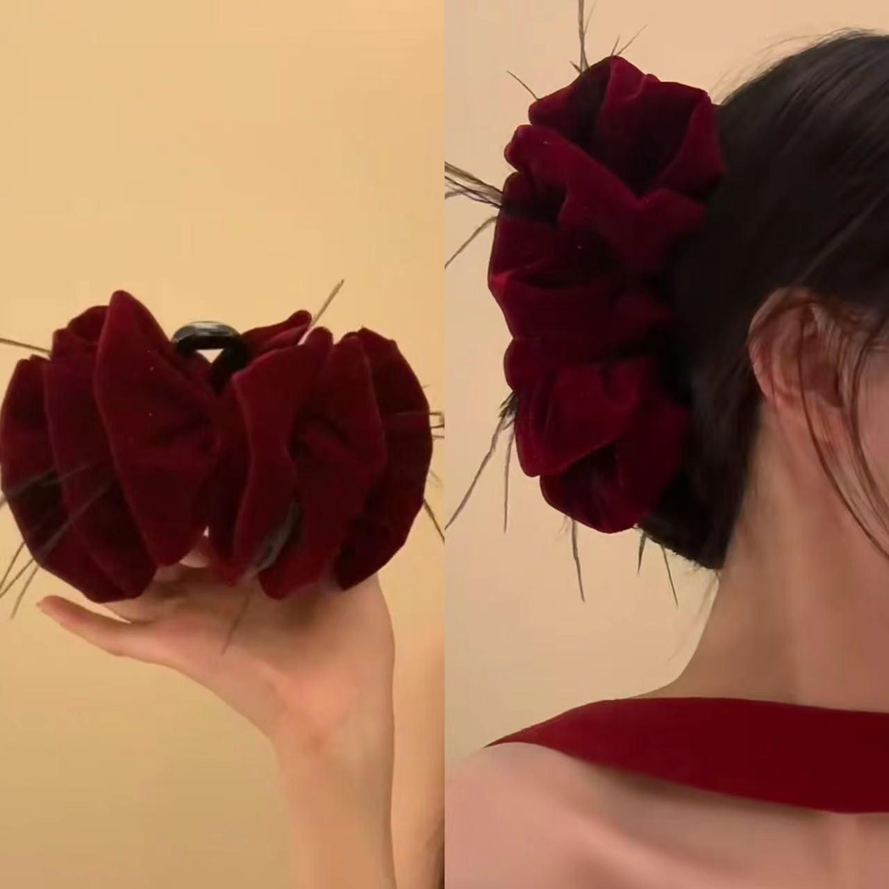 红色丝绒蝴蝶结抓夹女大号发夹头饰后脑勺高级感秋冬鲨鱼夹字发饰