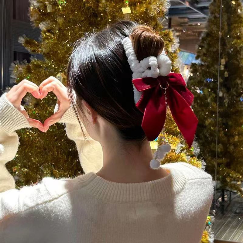 双旦蝴蝶结抓夹甜美铃铛时尚百搭法式毛绒手工超仙后脑勺鲨鱼夹