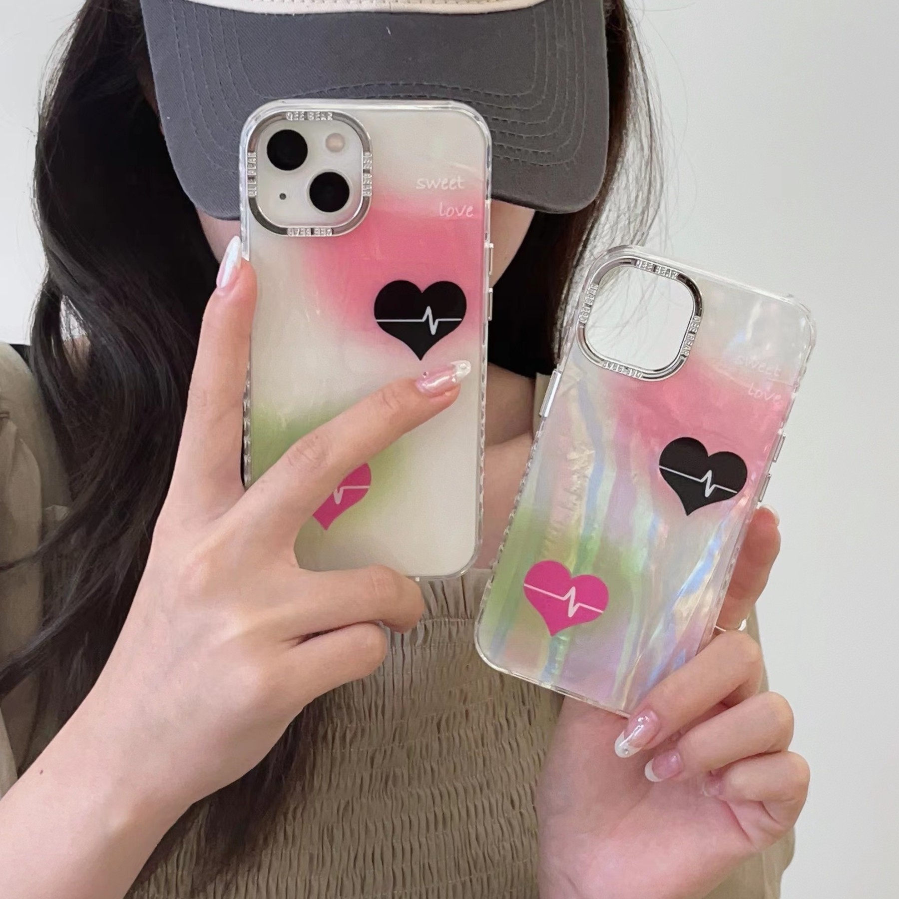 适用苹果系列iPhone15新款手机壳高级贝壳纹七彩爱心14/13/12/11