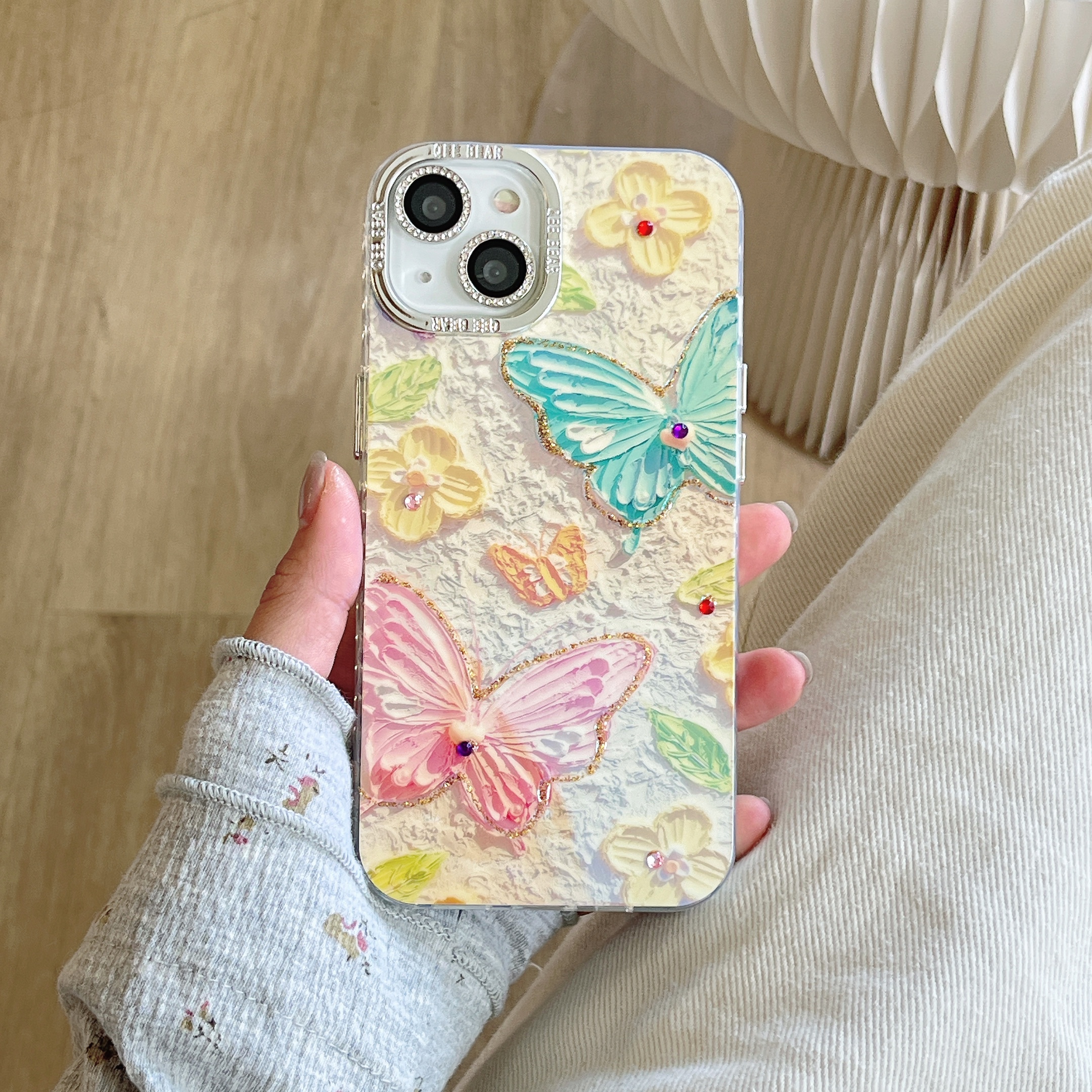 适用苹果系列iPhone15新款手机壳14/13/12贝壳纹气质蝴蝶带镜头膜