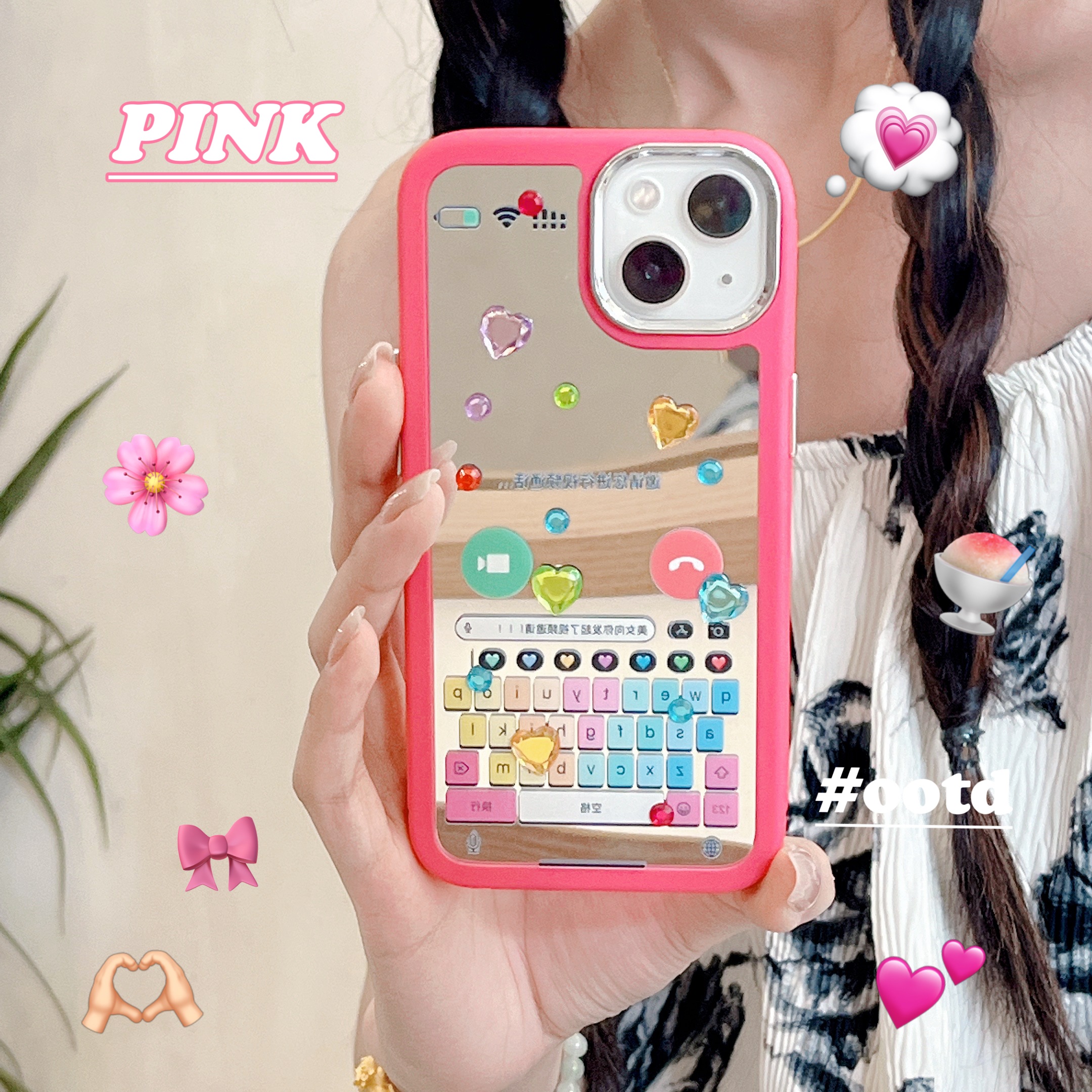 适用苹果系列iPhone14新款手机壳玫红色聊天框时尚创意补妆镜ins