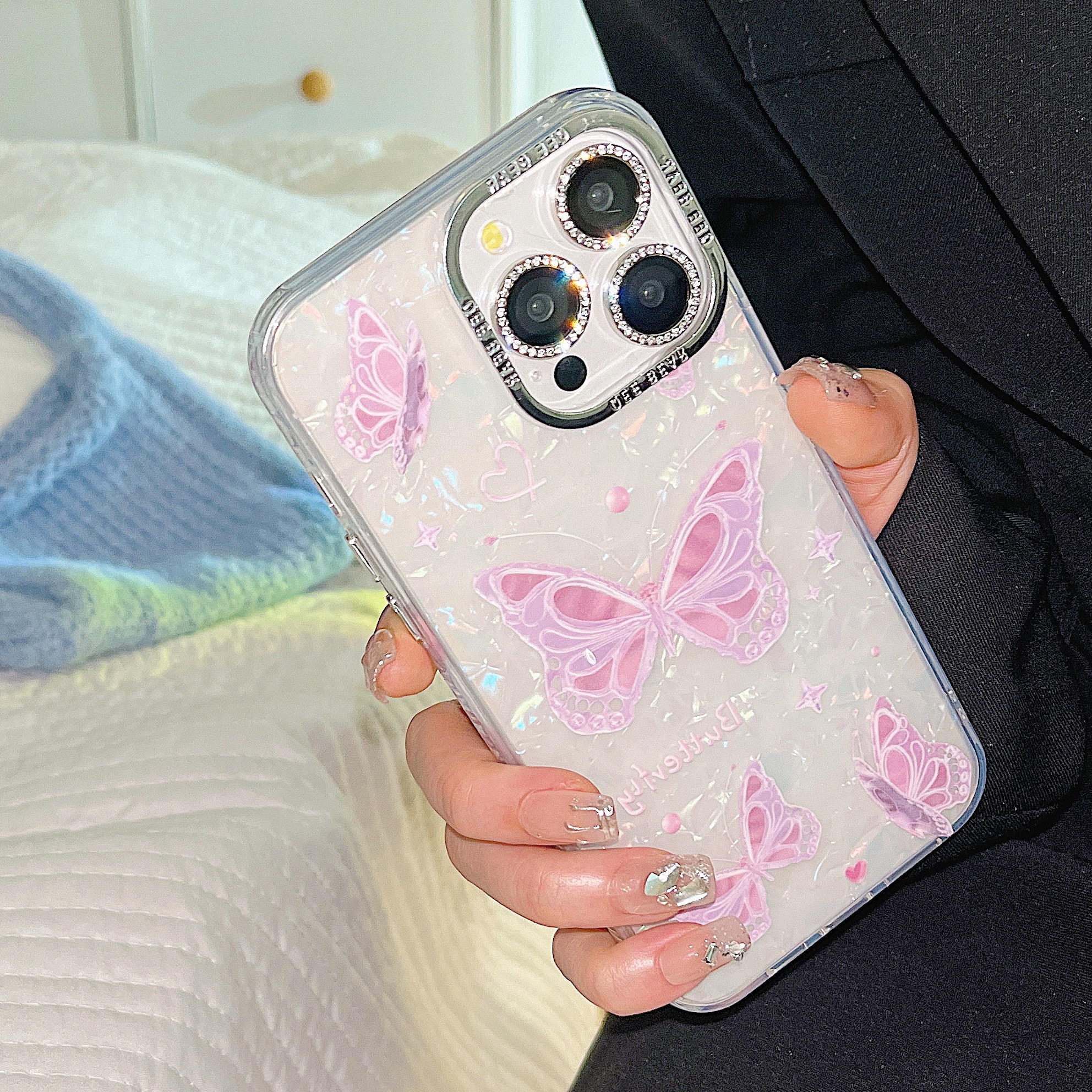 适用苹果系列iPhone15新款手机壳14/13贝壳纹气质蝴蝶镜头膜防摔
