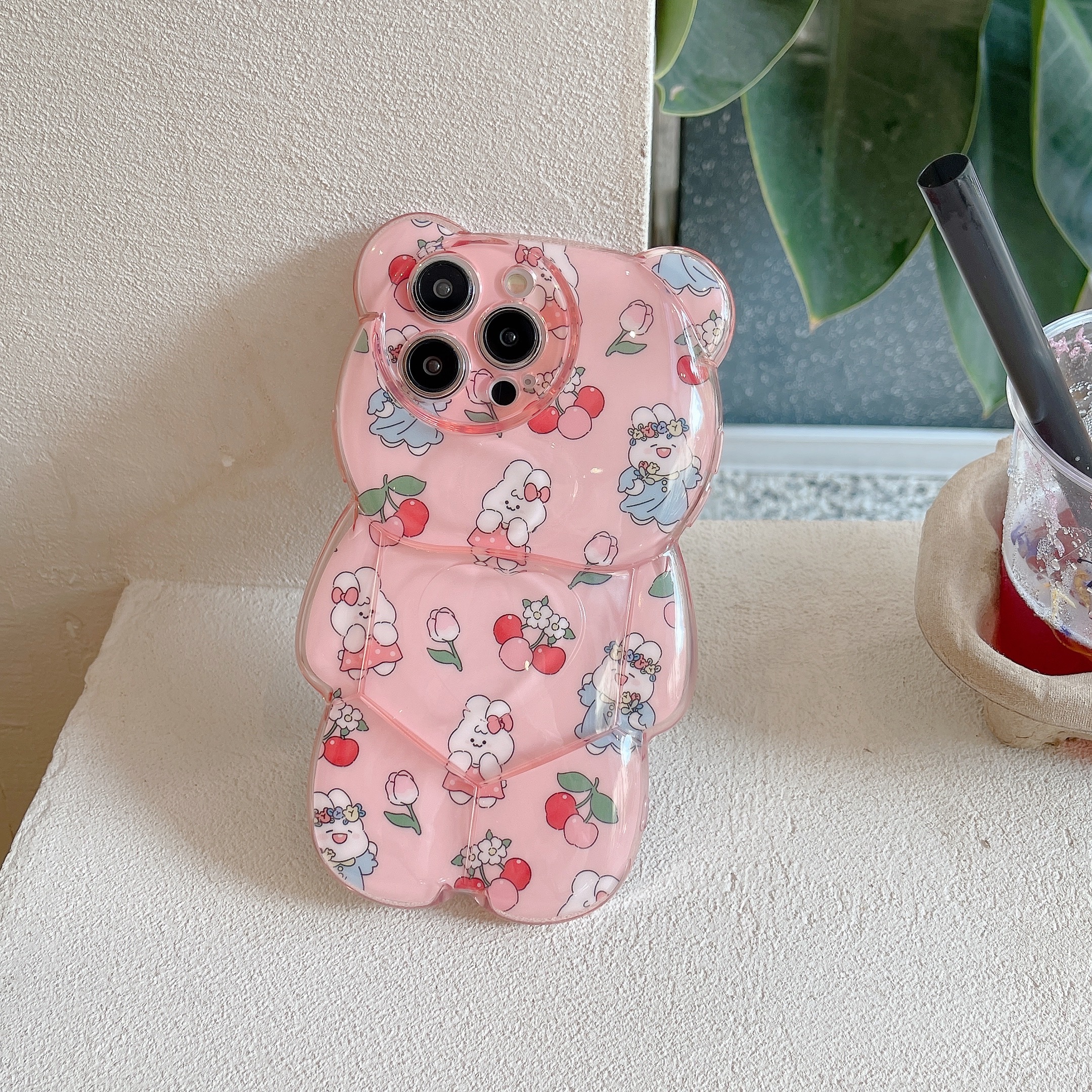 适用苹果系列iPhone15新款手机壳14/13/透明卡通兔子花朵卡纸防摔