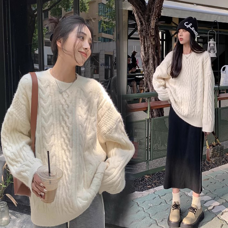 孕妇复古麻花毛衣女套头2023秋冬新款加厚宽松慵懒风打底针织衫