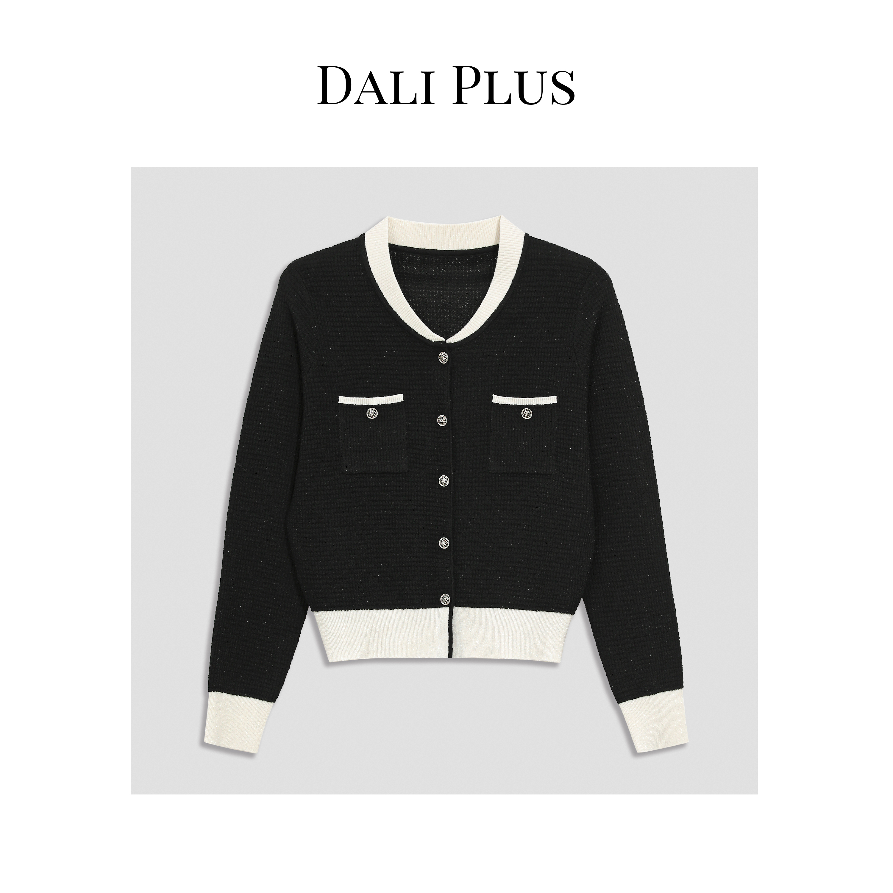 DALI PLUS绵羊.毛镂空华夫格罗纹黑白撞色查长袖毛衣针织衫-2328