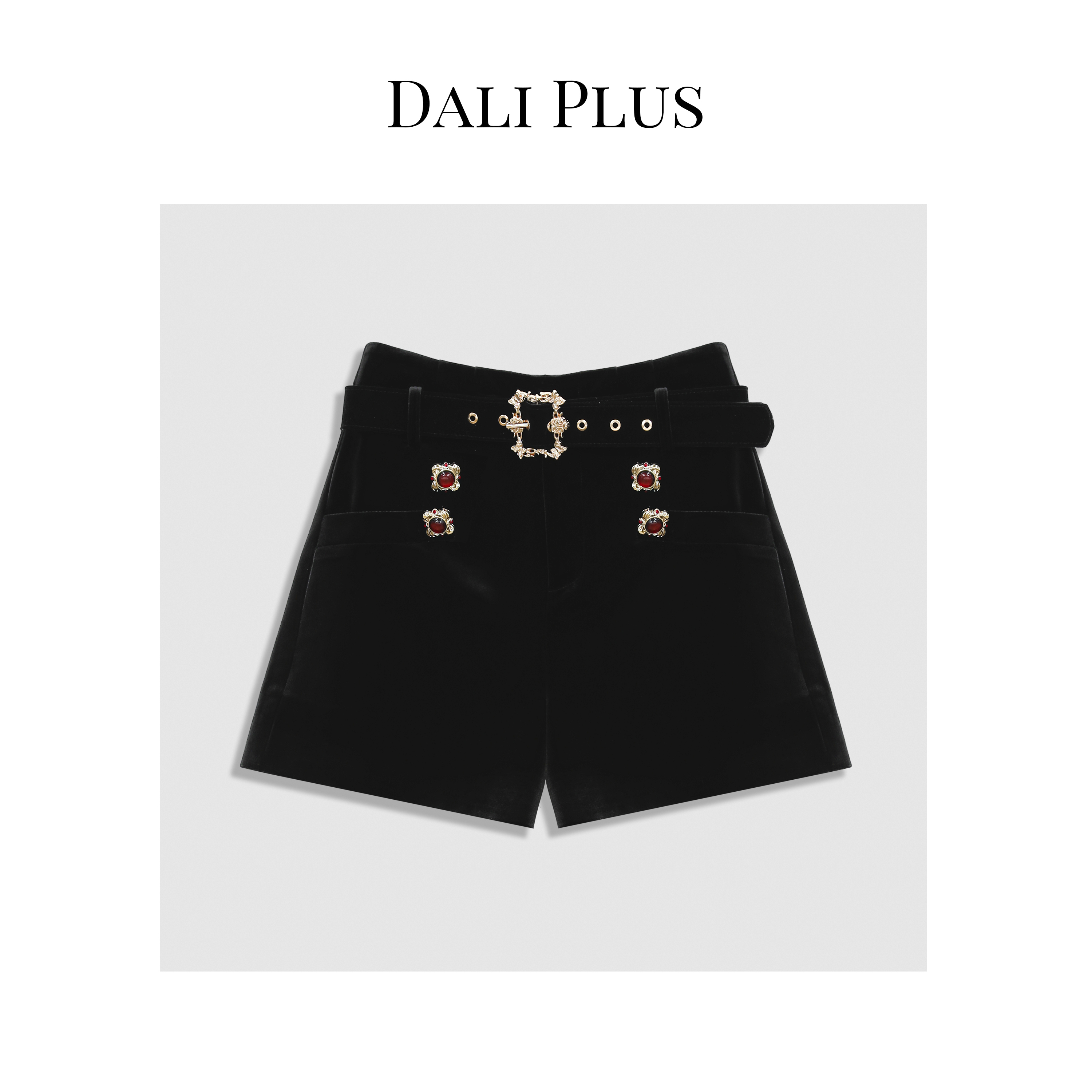 DALI PLUS红宝石高黑丝绒短裤 高腰显白显腿长阔腿裤热力感