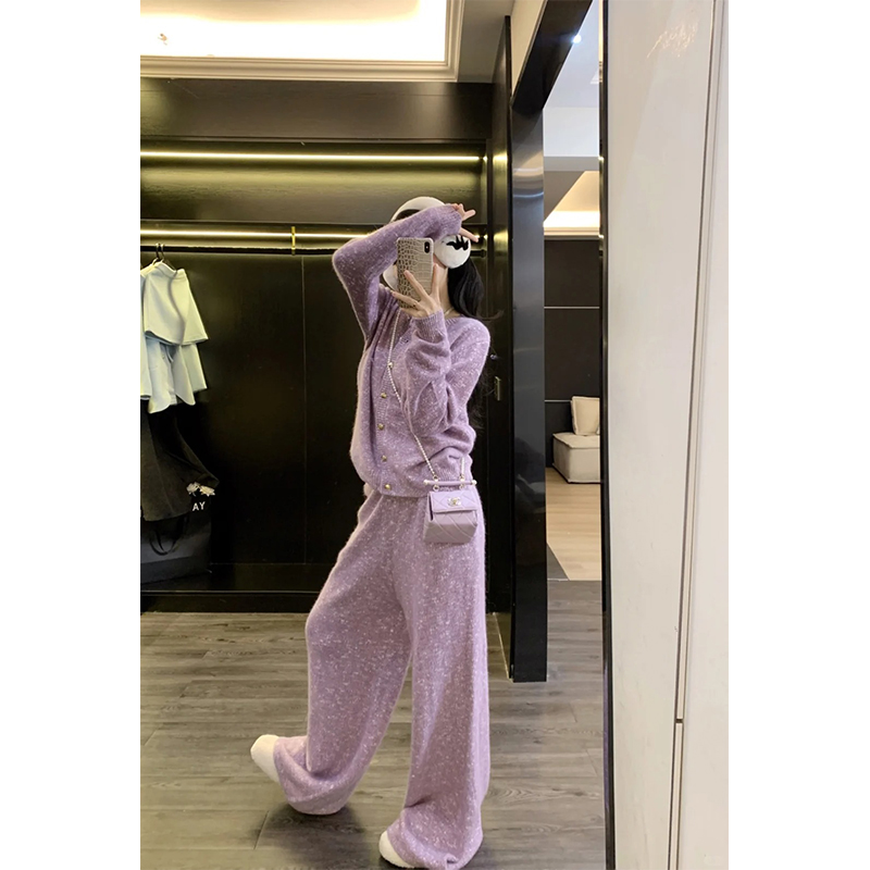 2024秋冬新款时尚韩系洋气减龄高级感长袖针织衫开衫女高腰阔腿裤
