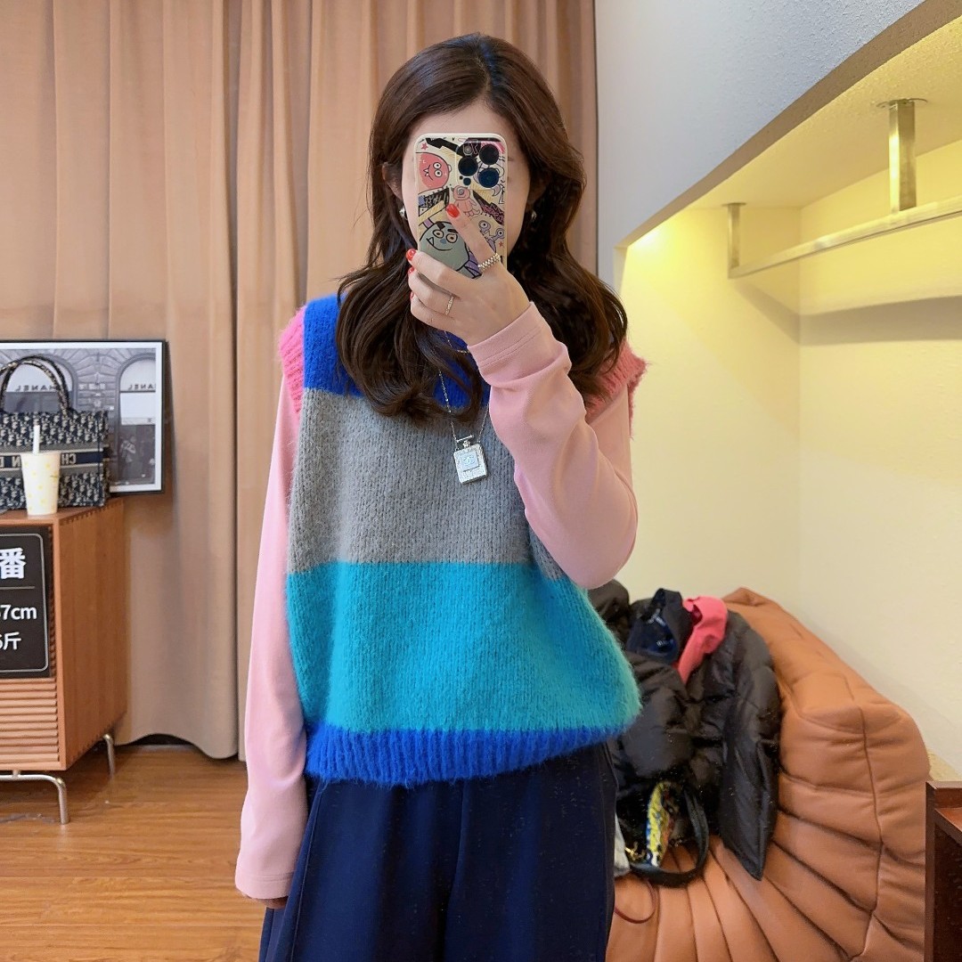 12218余小鱼 彩色螺纹边撞色外穿套头慵懒秋冬圆领针织马甲女装