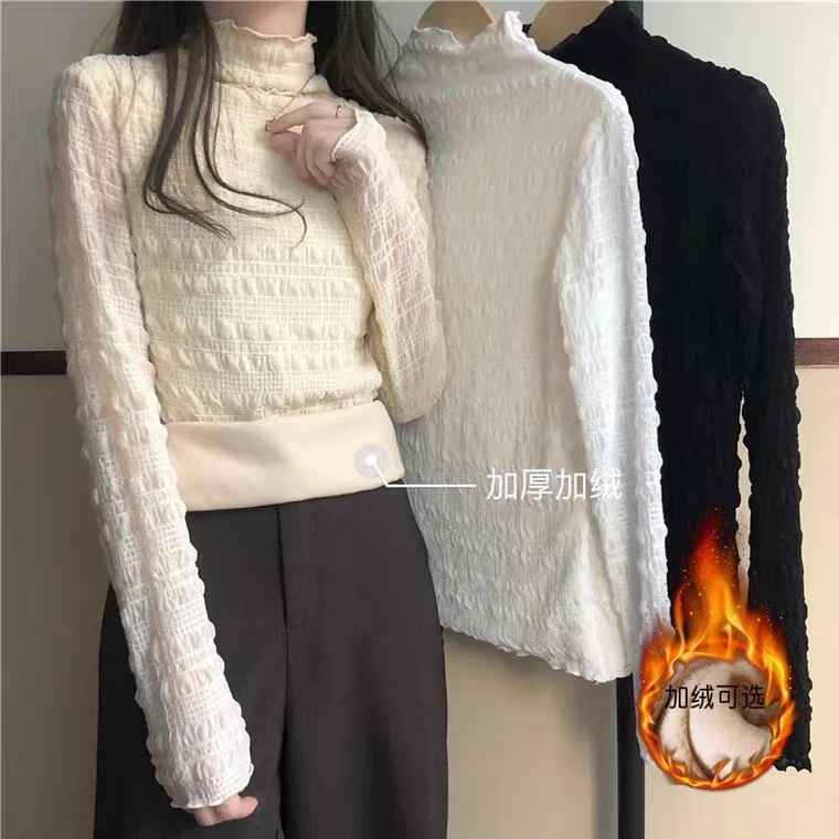 【溯源好物】长袖上衣女秋冬新款加绒加厚半高领保暖蕾丝衫 Y189