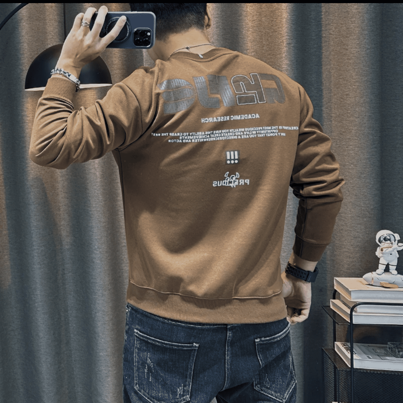 卫衣男2023秋冬新款男装高端字母印花韩版修身圆领休闲加绒打底衫