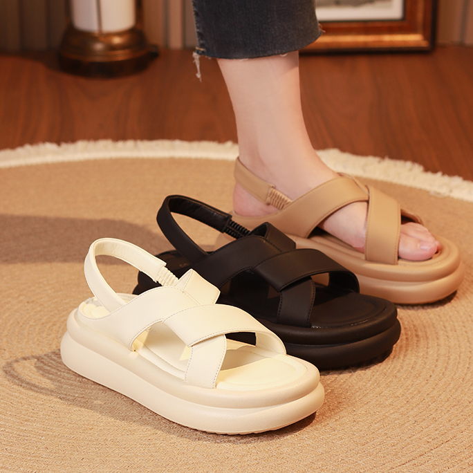 6618女夏季厚底时尚运动凉鞋法式平底露趾罗马沙滩鞋外穿松紧带
