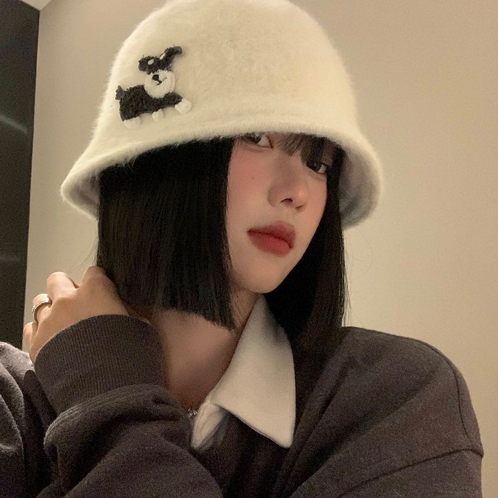 小狗兔毛水桶帽女秋冬季韩版显脸小渔夫帽毛茸茸白色大头围帽子潮