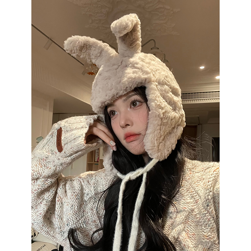 可爱护耳兔子帽子女秋冬2023新款加绒加厚百搭保暖毛绒绒雷锋帽