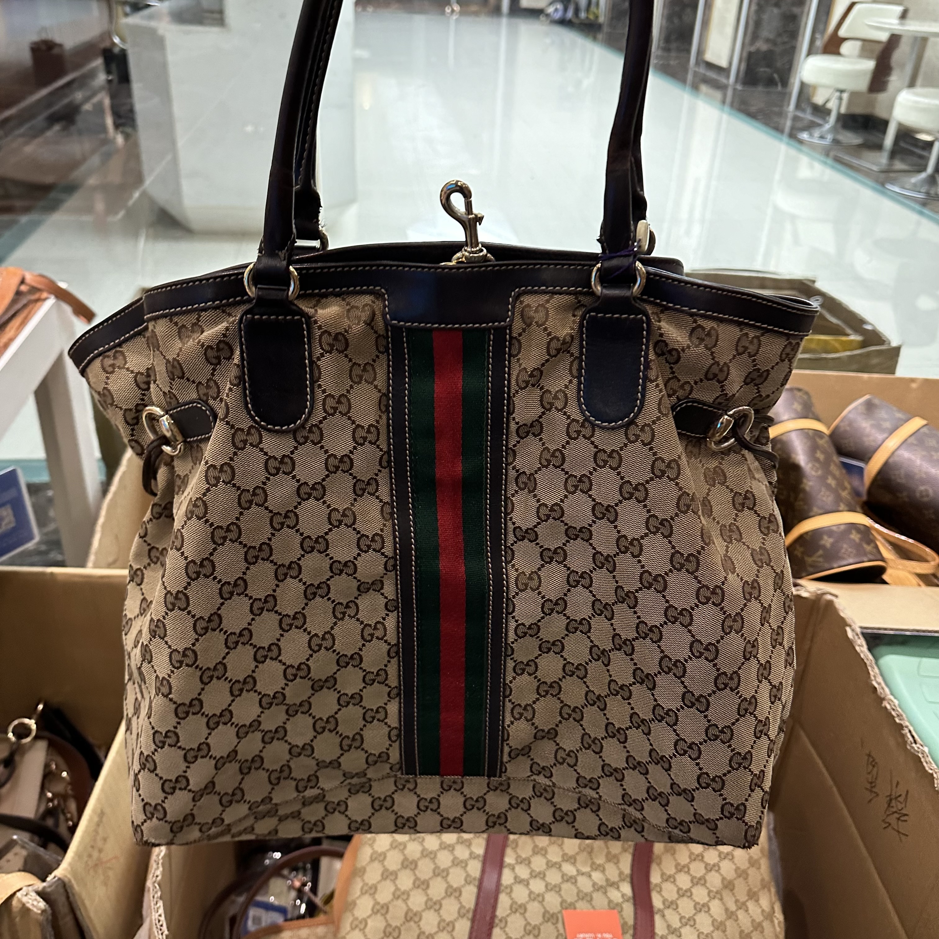 90新 友戏奢品 奢品/GUCCI红绿条纹托特/ka09023609/静香特卖11