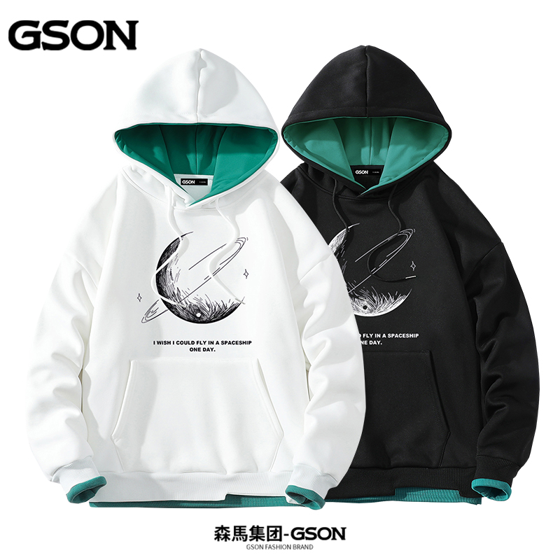 GSON春季卫衣男款2023新款春秋加绒连帽保暖秋季男上衣套头外套