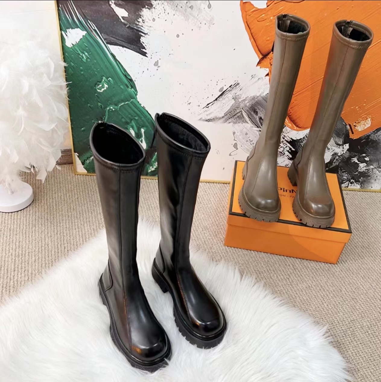 绒//后拉链百搭软面骑士英伦风厚底时尚净面长筒靴Y 1820-1