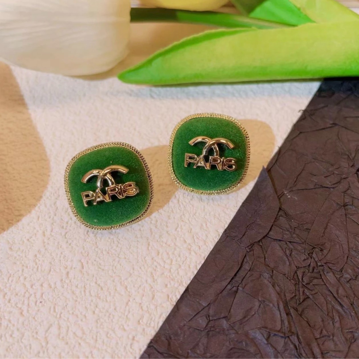 非金属合成锆石耳饰 气质时尚小香丝绒绿色百搭个性耳环A37