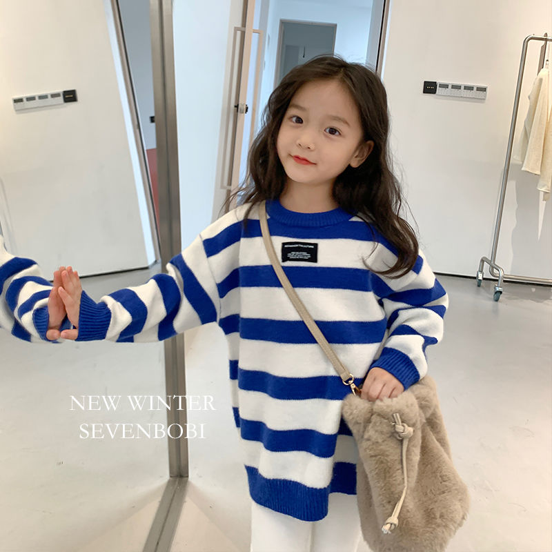 女童韩版条纹毛衣宝宝2023秋冬装新款儿童洋气撞色圆领针织衫潮