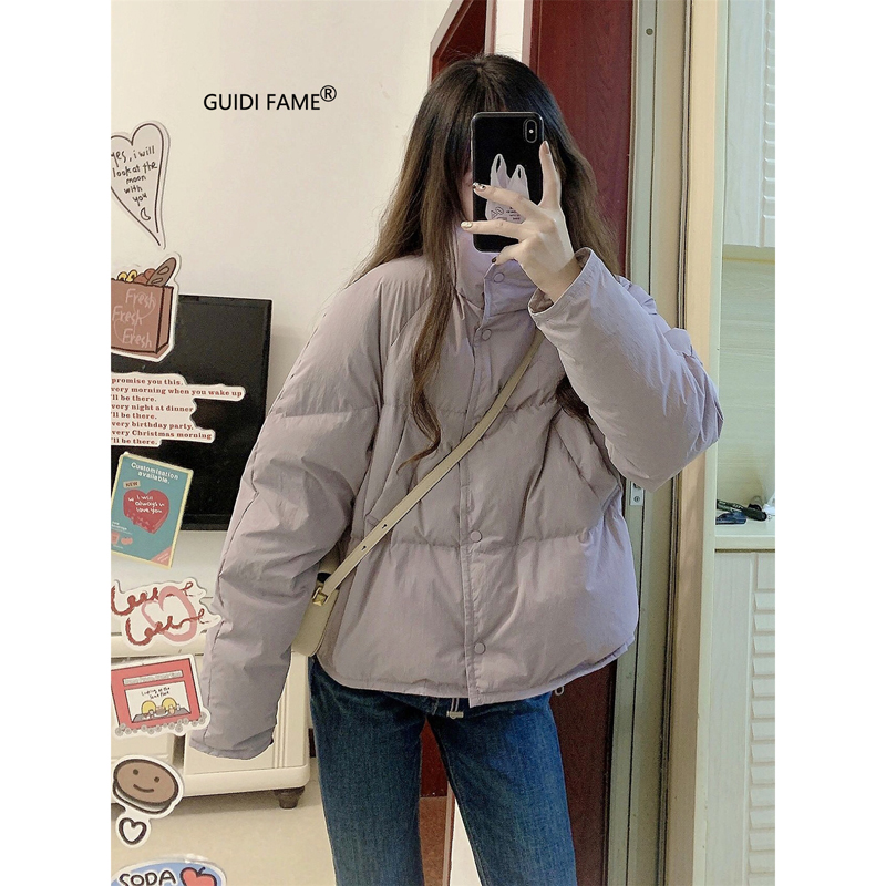 GUIDI FAME韩版紫色加厚小香风棉服冬季气质小个子上衣短款外套女