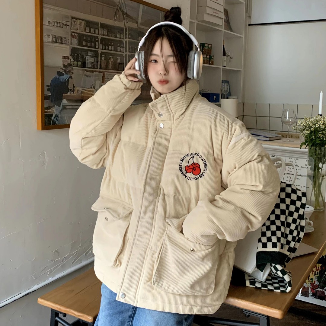 喜士潮社AGXS冬季新款可拆卸袖樱桃logo加厚棉衣男女灯芯绒外套