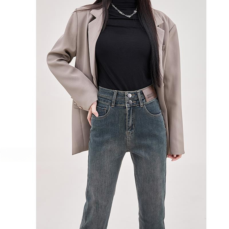 小个子高腰烟管牛仔裤女秋季2024年新款显瘦休闲加绒加厚直筒裤子