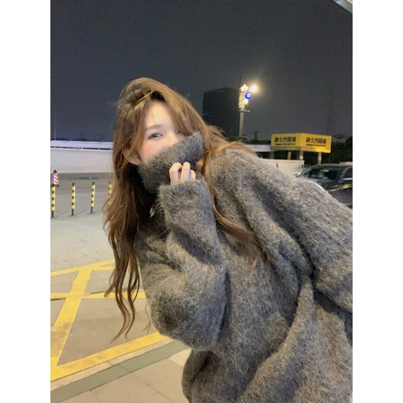 灰色中长款马海毛高领毛衣女秋冬加厚宽松外穿慵懒风内搭针织衫潮