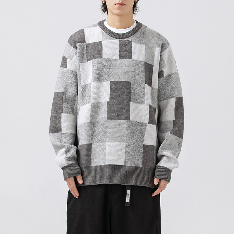 TIRED潮流美式复古格子长袖毛衣男秋冬季情侣百搭针织衫圆领上衣