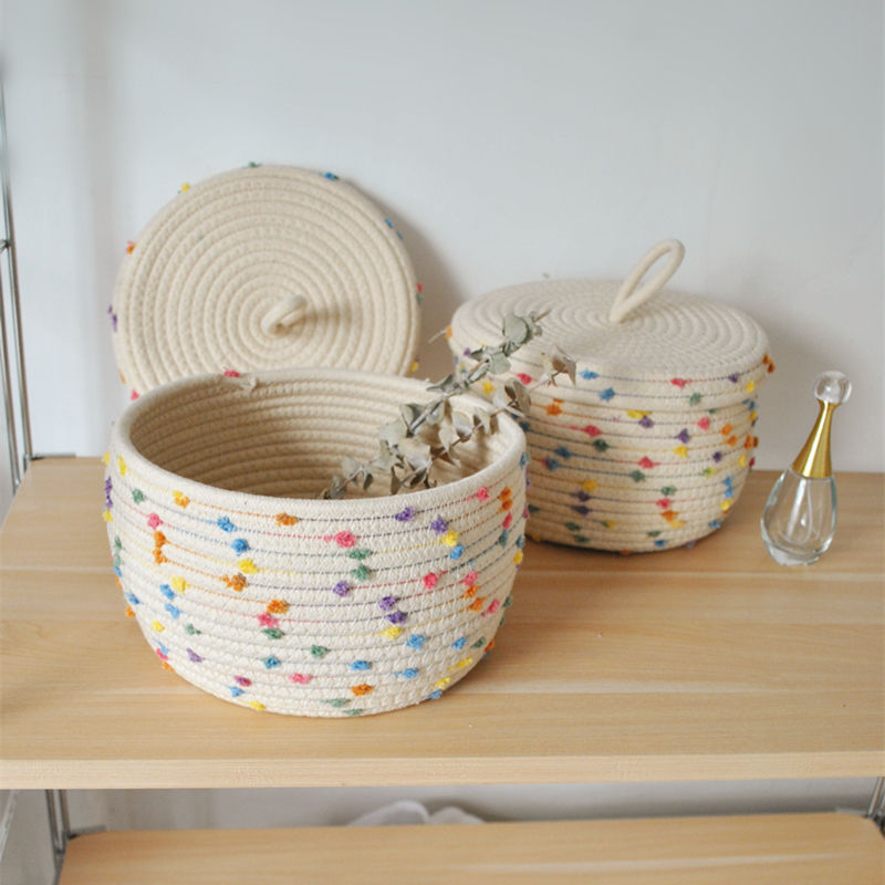 手工田园风桌面带盖收纳筐手作编织圆形收纳盒收纳篮线篮零食客厅