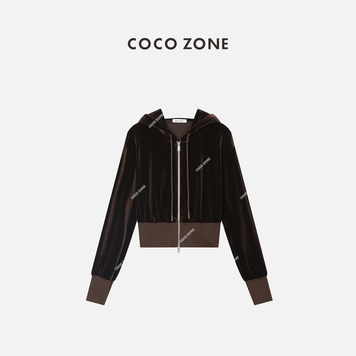 COCO ZONE 咖色丝绒短款连帽系绳外套袖口下摆设计23C19190