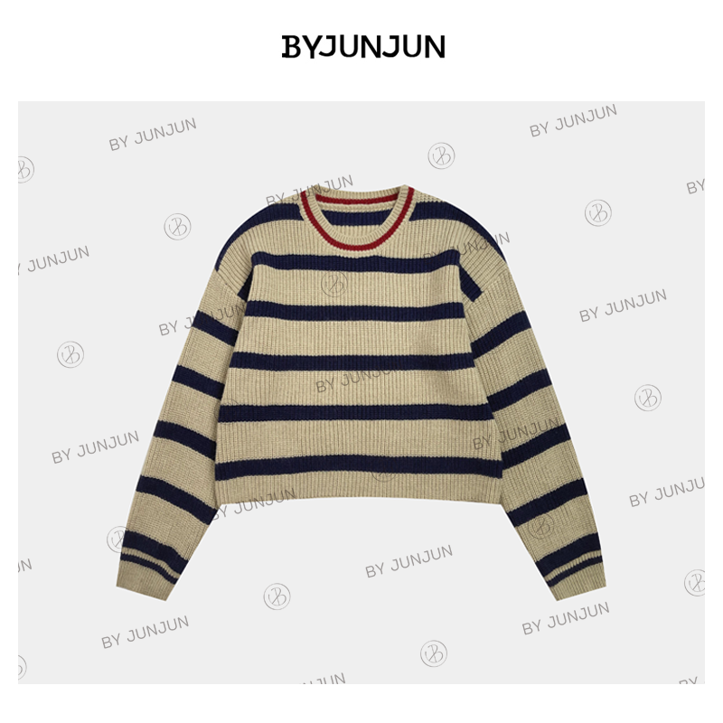 ByJunjun小众设计师 2023秋冬新款韩系高级定制红条圆领套头毛衣