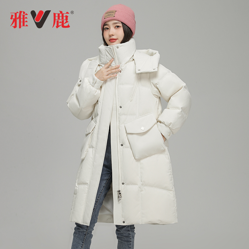 V/雅鹿羽绒服女冬中长款过膝2023年新款宽松设计感外套保暖连帽