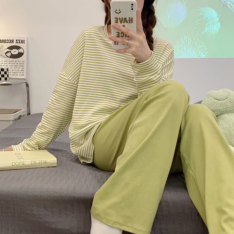 韩版长袖绿条小清新圆领睡衣女春秋新款条纹学生家居服套装311