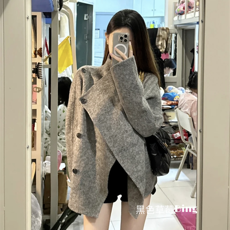 灰色短款毛呢外套秋冬小众高级感韩系ins宽松慵懒风翻领呢子大衣