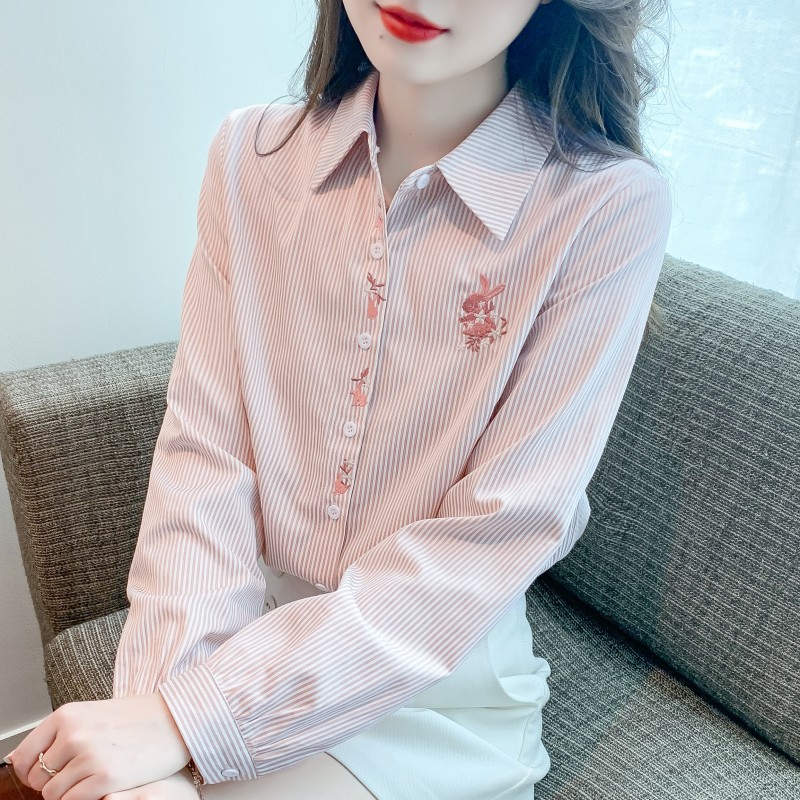 休闲刺绣衬衣春秋季2023新款女装时尚高级质感百搭条纹衬衫女长袖
