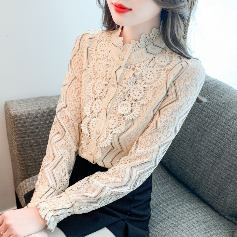 秋季2024年新款女装时尚立领蕾丝衬衫女长袖洋气百搭修身打底上衣