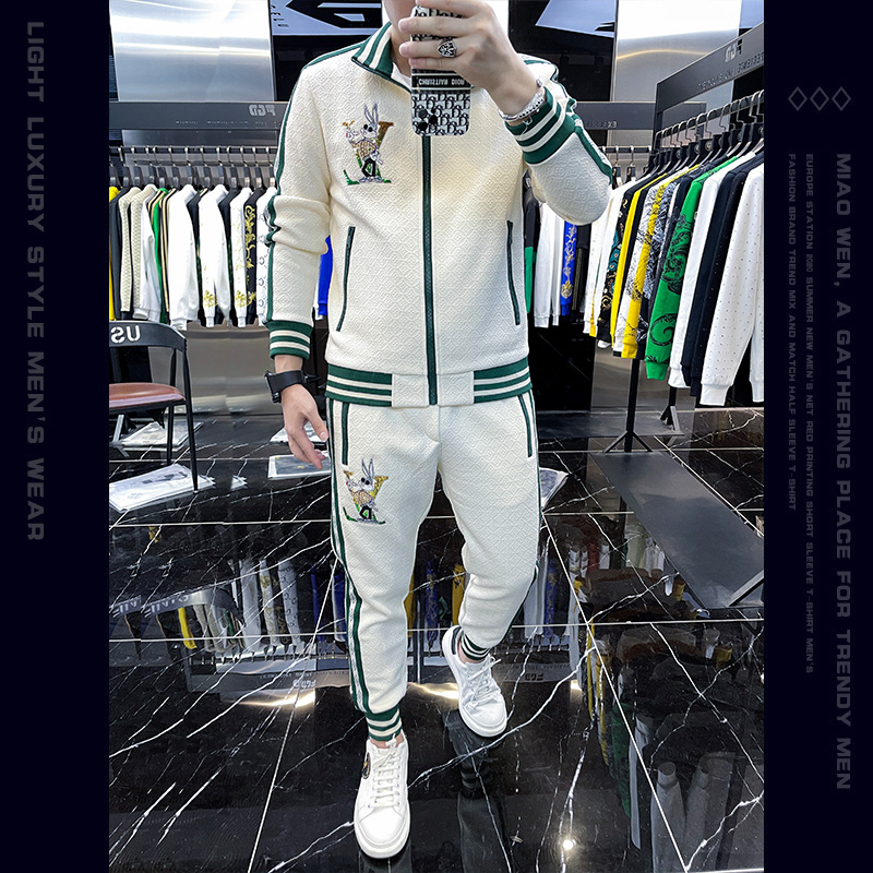欧洲站男士提花外套春秋季运动套装潮牌2023新款男装一套搭配帅气