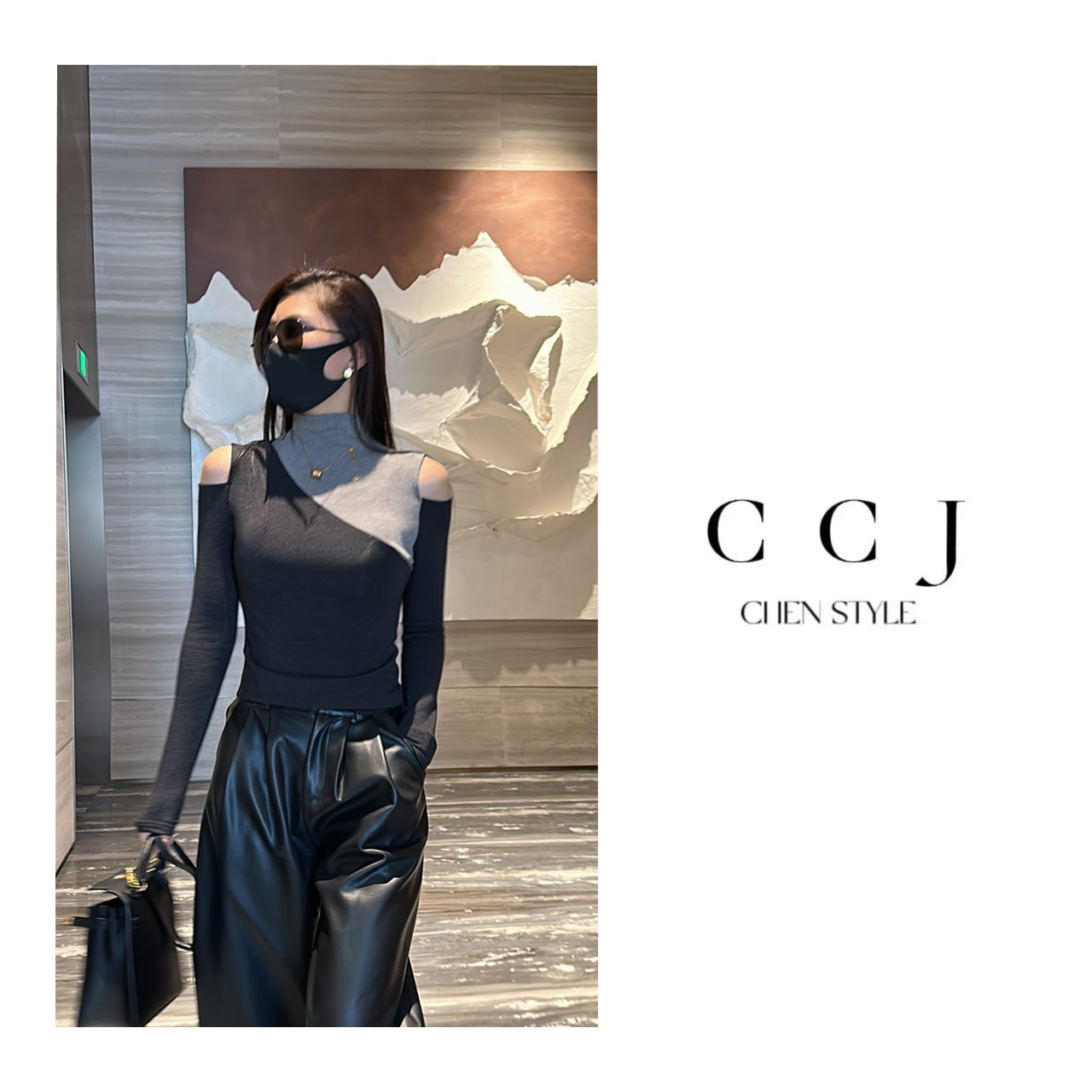 楚楚君~【独特拼接】T54669个性拼接设计款露肩打底上衣