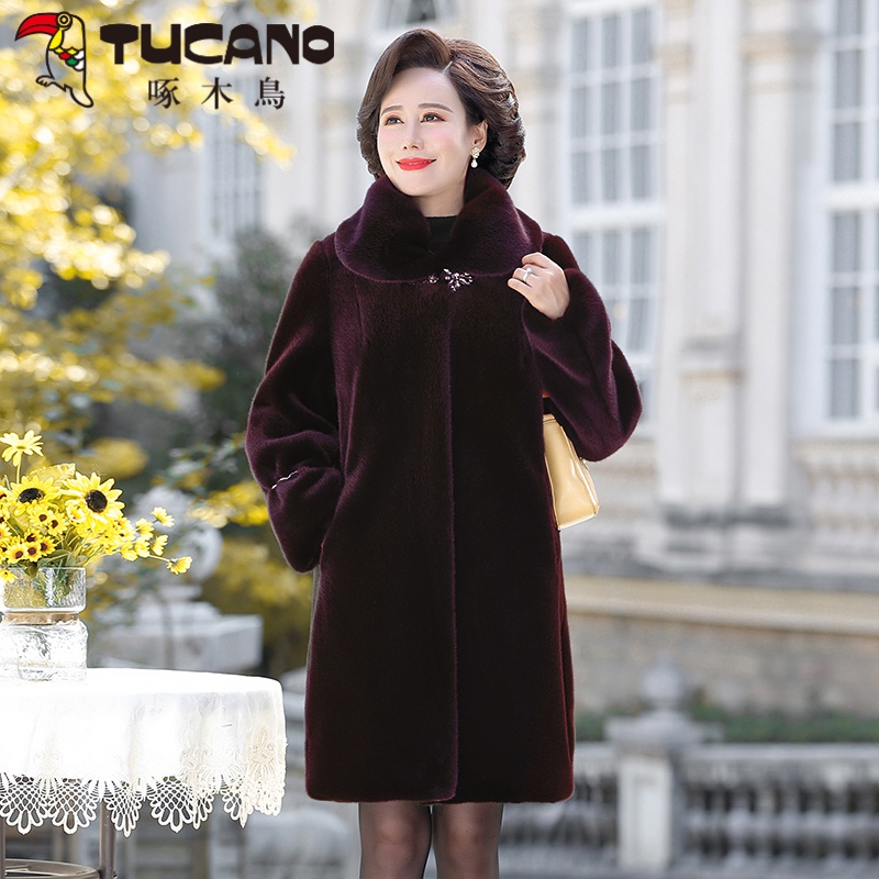 时尚妈妈冬装外套中长款加厚水欧绒大衣中老年女秋冬仿皮草棉衣