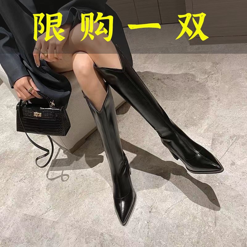 达芙妮沿荐2023尖头高跟瘦瘦靴V口瘦瘦长靴女真皮长筒靴骑士靴粗