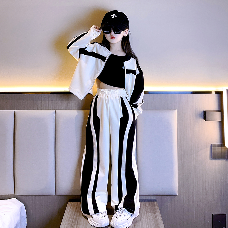 女童春装套装2024新款儿童洋气韩版中大童春秋网红拼色运动两件套