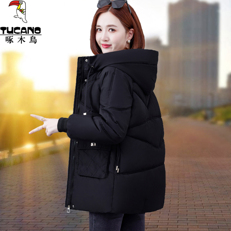 啄木鸟保暖棉服女冬装2023新款宽松加厚连帽冬季黑色棉衣棉袄外套
