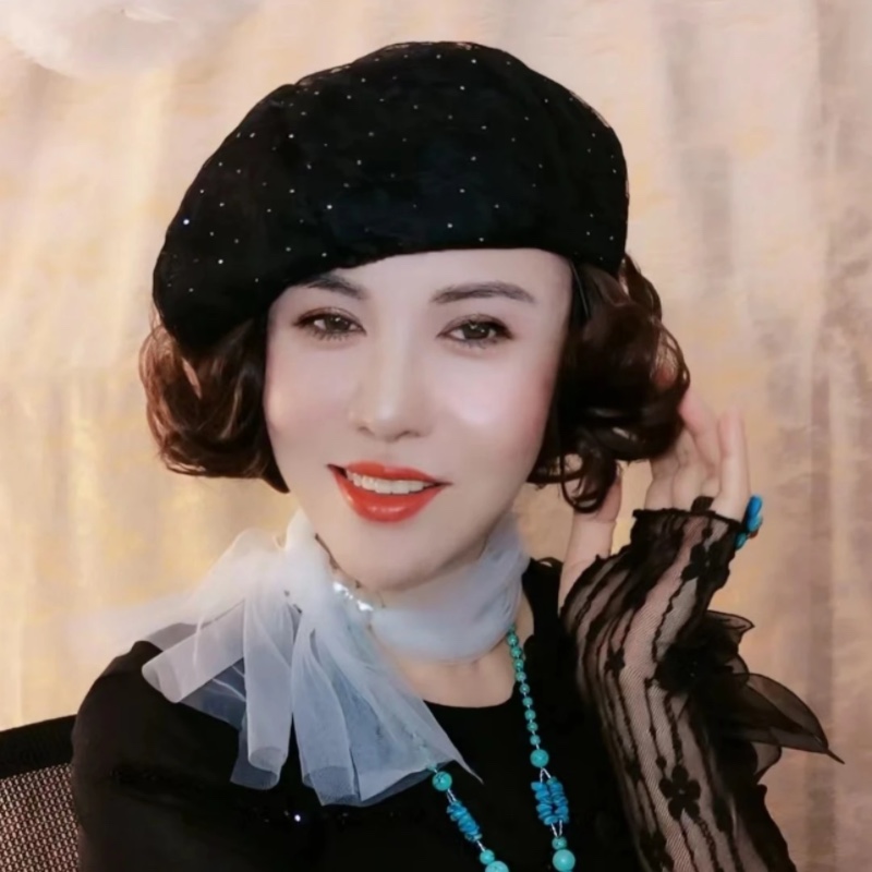 帽子假发一体女时尚2023新款短卷发贝雷帽秋冬中年妈妈帽子
