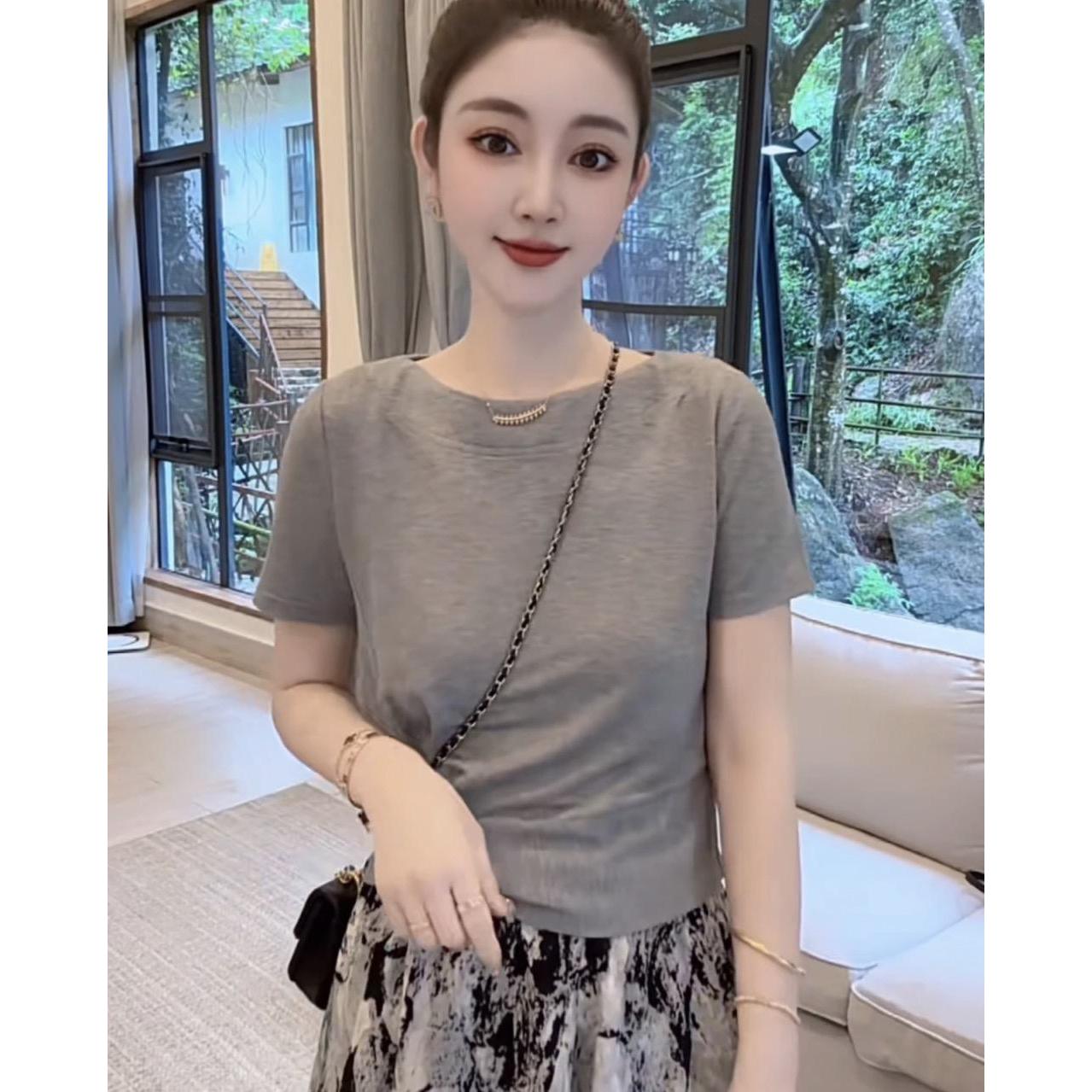 女装时尚设计感交叉T恤+时尚水墨印花a字显瘦半身裙