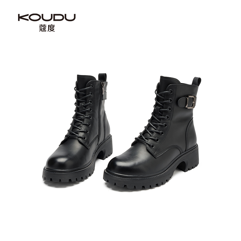 KOUDU/蔻度英伦风靴子女鞋加绒时尚百搭厚底黑色纯色马丁靴2601