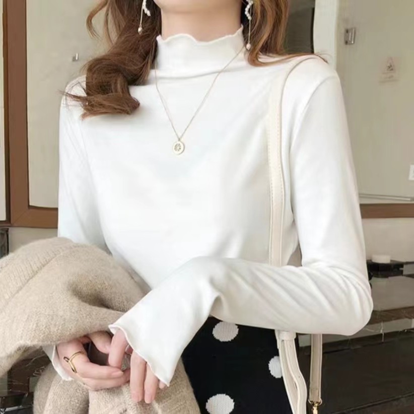 秋冬新款半高领打底衫木耳边内搭加厚双面绒保暖修身百搭上衣女