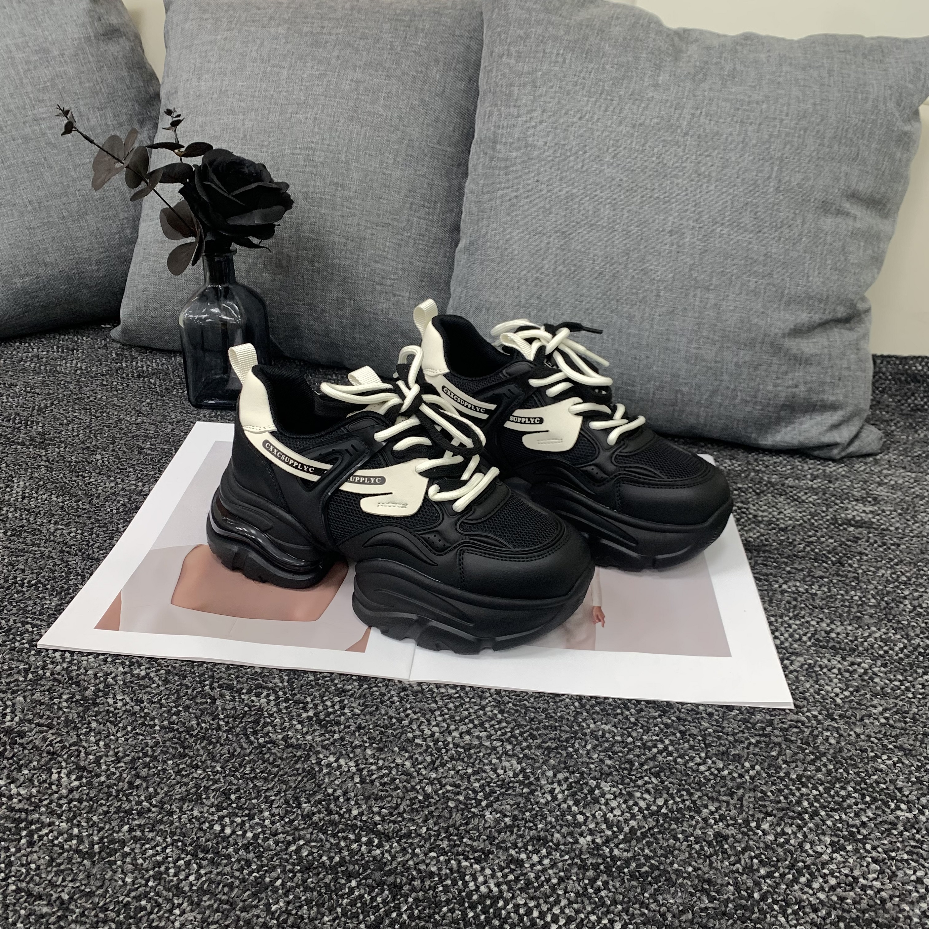 春季新款低帮系带时尚潮鞋百搭防水厚底女鞋厚底休闲鞋X检 1335
