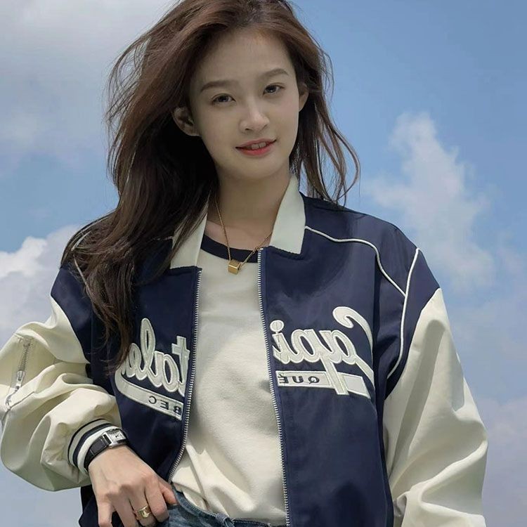 2023新款美式复古拼色短款刺绣棒球服外套女春秋小众设计感夹克潮