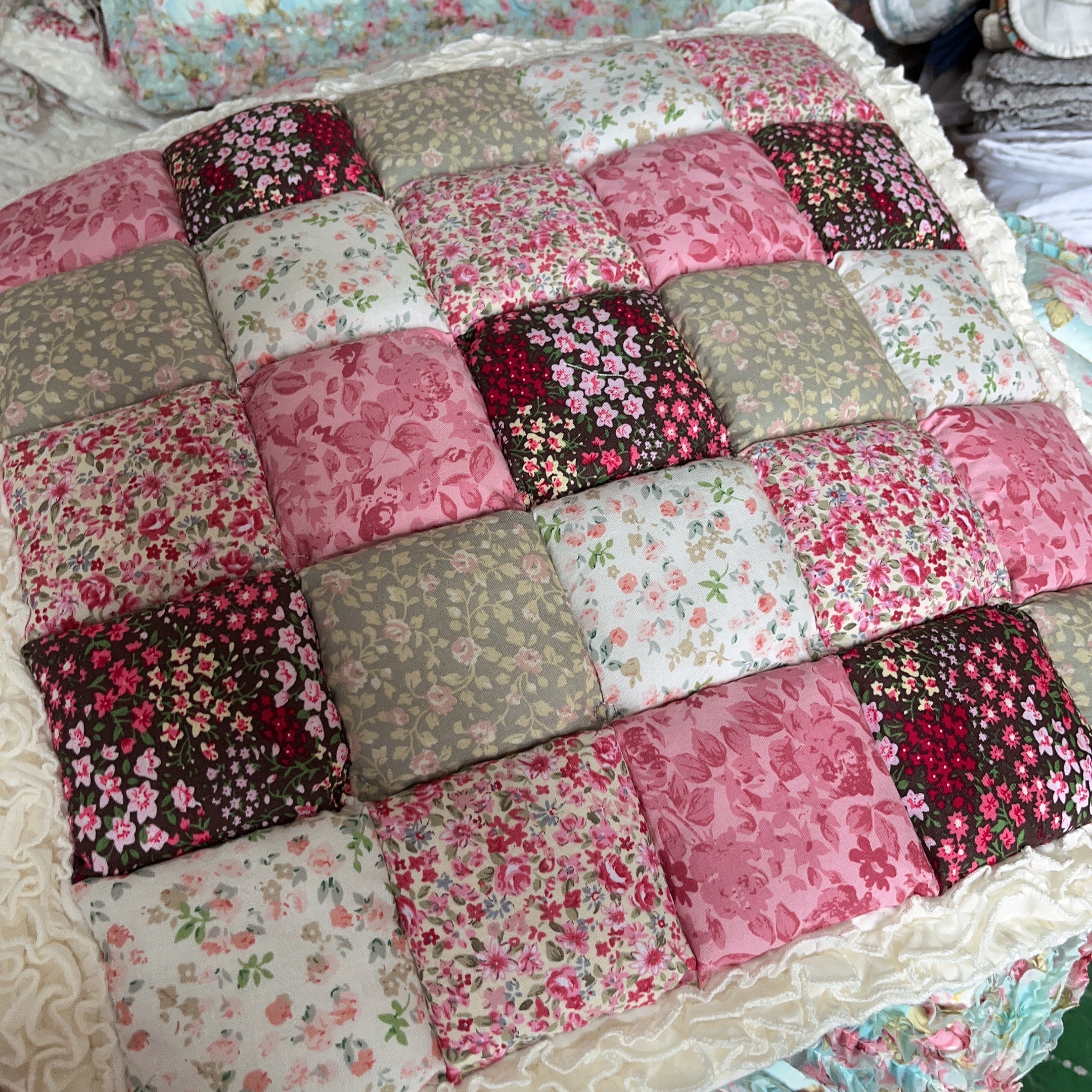 升级款外贸韩版小碎花棉质 加厚防滑 豆腐块 坐椅垫 红色