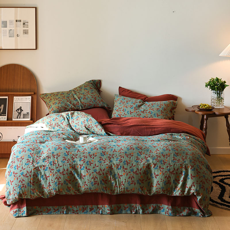 A类全棉双层纱四件套双面亲肤透气轻奢复古提花床单被套四季通用